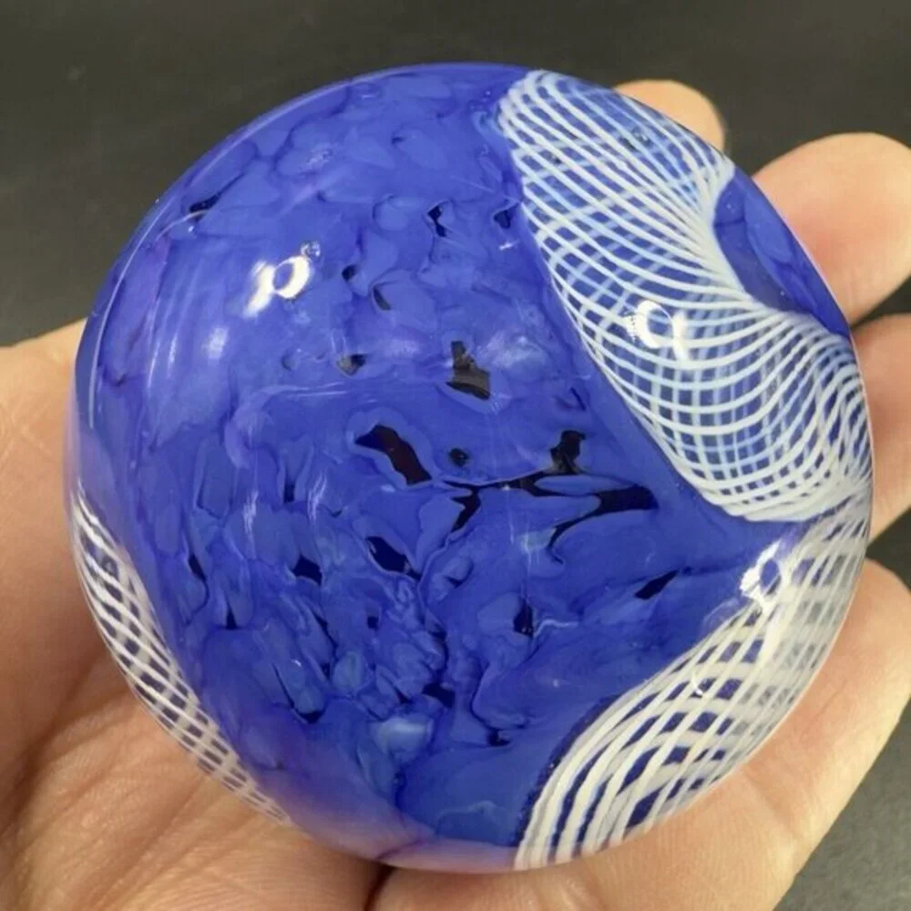 Murano Art Glass Paperweight Orb Cobalt Blue White Cane Venetian Italy Glass VTG